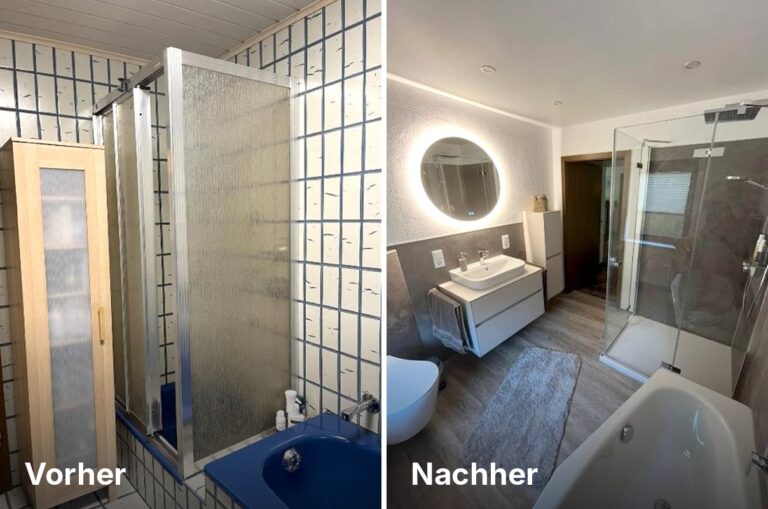 Badsanierung vorher und nachher – Dusche und Badewanne (Erwin Schneider, Daaden)